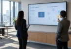 Two colleagues at a wall display comparing a centralized data architecture diagram with a distributed connected one.