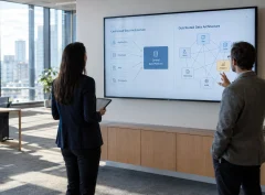 Two colleagues at a wall display comparing a centralized data architecture diagram with a distributed connected one.