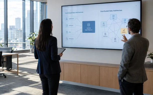 Two colleagues at a wall display comparing a centralized data architecture diagram with a distributed connected one.