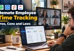Remote team lead reviewing a weekly project timesheet during remote employee time tracking.