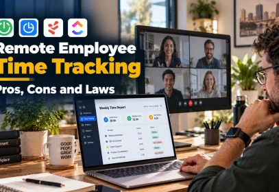 Remote team lead reviewing a weekly project timesheet during remote employee time tracking.