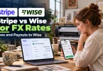 Chloe, a Bristol print seller, compares Stripe vs Wise for FX rates on her laptop and phone.
