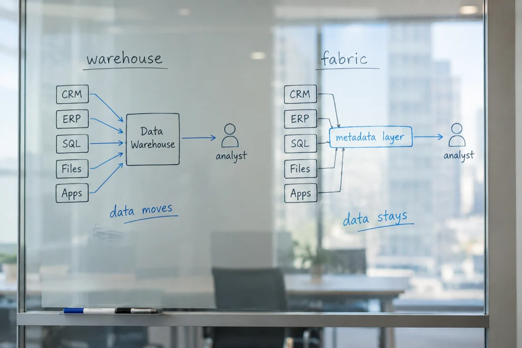 A whiteboard comparison showing a data warehouse pulling sources into one central store beside a data fabric connecting sources through a metadata layer.