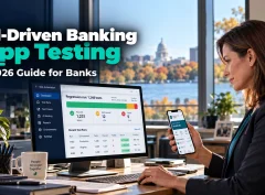 Megan, a Madison credit union product lead, reviews an AI-driven banking app testing dashboard before a release.