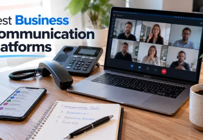 Laptop video call, desk phone handset and smartphone messaging app open together on one desk