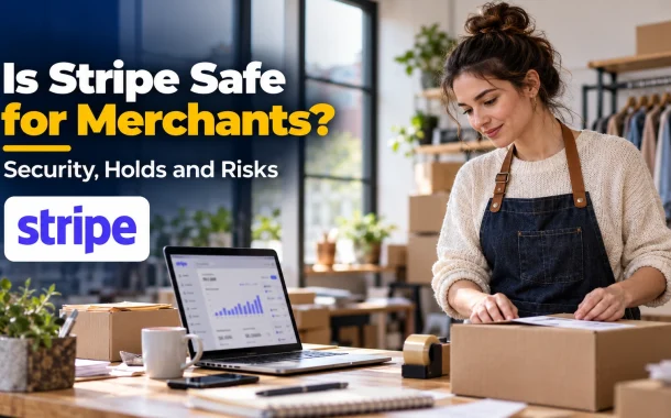 Online store owner checking a Stripe payments dashboard while packing orders.