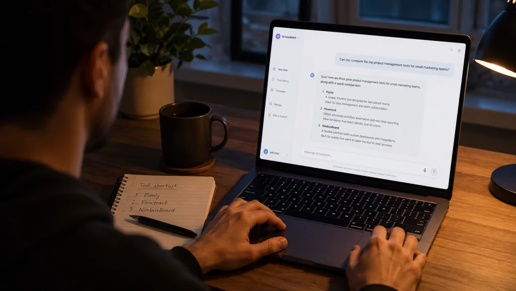 A buyer asking an AI chatbot to compare software vendors, with a handwritten shortlist of three names beside the laptop.