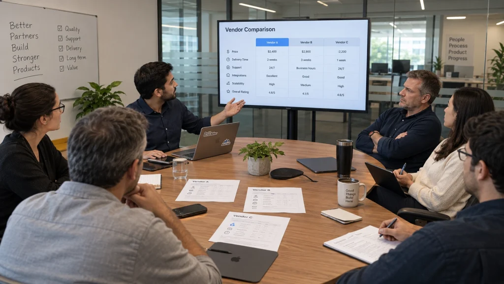 Six colleagues evaluating software vendors around a conference table, illustrating the B2B SaaS buying committee.