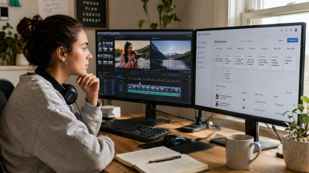 A remote virtual assistant reviewing video clips and a scheduling dashboard across two monitors.