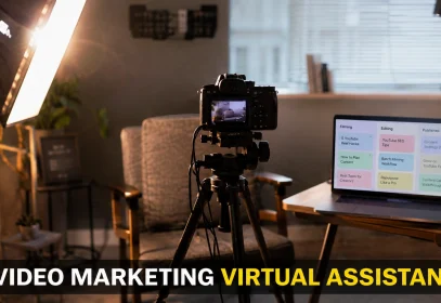 A home video studio with camera and softbox beside a laptop showing a video marketing content calendar.