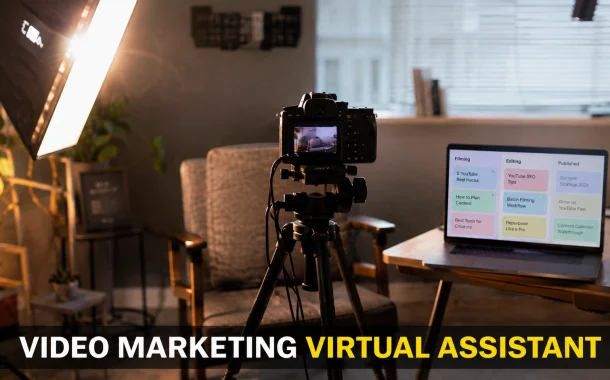 A home video studio with camera and softbox beside a laptop showing a video marketing content calendar.
