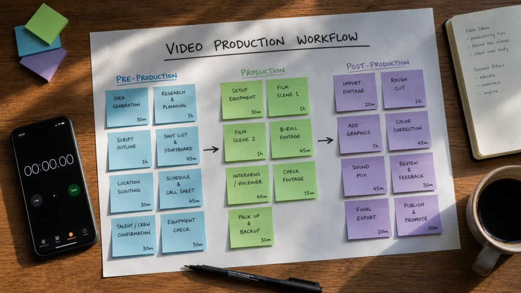 Sticky notes on a desk mapping out video production tasks and the time each one takes.