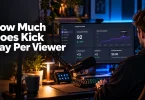 A streamer watches a creator dashboard showing 92 concurrent viewers beside a zero balance, with the heading "How Much Does Kick Pay Per Viewer" overlaid