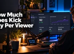 A streamer watches a creator dashboard showing 92 concurrent viewers beside a zero balance, with the heading "How Much Does Kick Pay Per Viewer" overlaid