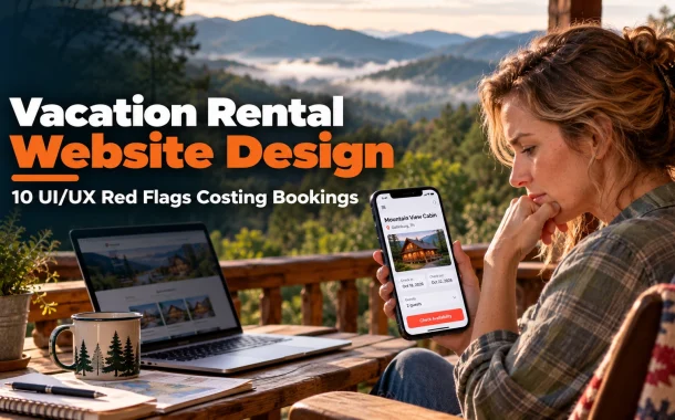 Hannah, a Gatlinburg cabin manager, checks her direct booking site to fix vacation rental website design red flags.