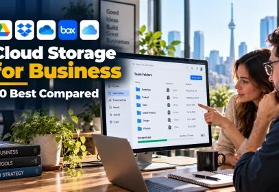 Two business owners reviewing shared team folders in a cloud storage solution for businesses.