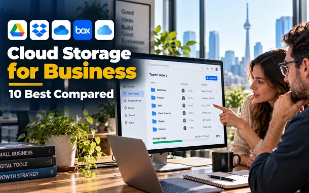 Two business owners reviewing shared team folders in a cloud storage solution for businesses.