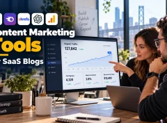 Two SaaS founders reviewing a blog analytics dashboard, a typical use of content marketing tools for SaaS blogs.