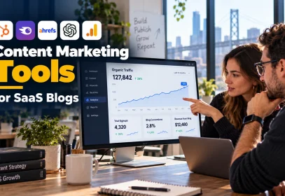 Two SaaS founders reviewing a blog analytics dashboard, a typical use of content marketing tools for SaaS blogs.