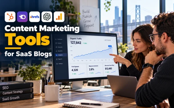 Two SaaS founders reviewing a blog analytics dashboard, a typical use of content marketing tools for SaaS blogs.