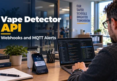 A school IT specialist reviewing vape detector API code on a laptop with a sensor alert on a phone nearby.