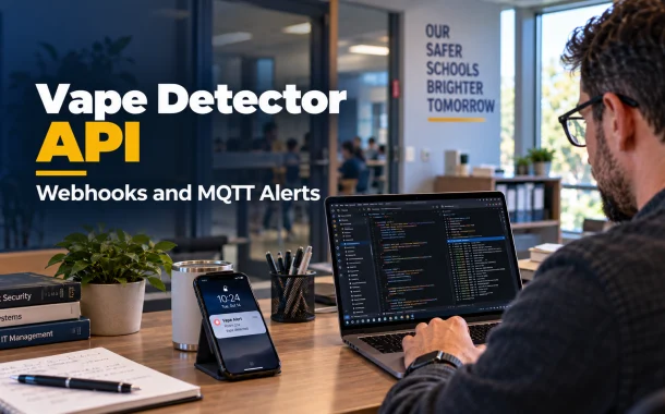 A school IT specialist reviewing vape detector API code on a laptop with a sensor alert on a phone nearby.