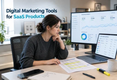 A marketer reviewing a list of software subscriptions on a laptop beside an annotated printed spreadsheet and an analytics dashboard.