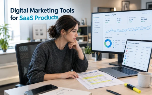 A marketer reviewing a list of software subscriptions on a laptop beside an annotated printed spreadsheet and an analytics dashboard.