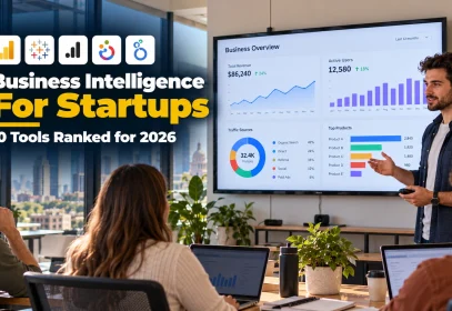 Startup co-founder presenting a business intelligence dashboard to teammates.