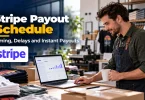 Store owner checking a Stripe payout schedule on a laptop in a T-shirt print studio.