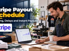 Store owner checking a Stripe payout schedule on a laptop in a T-shirt print studio.