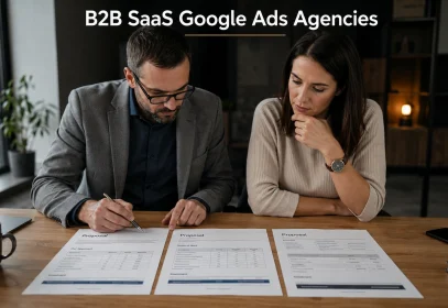 Two marketers comparing three printed B2B SaaS Google Ads agency proposals at a meeting table.