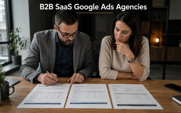 Two marketers comparing three printed B2B SaaS Google Ads agency proposals at a meeting table.