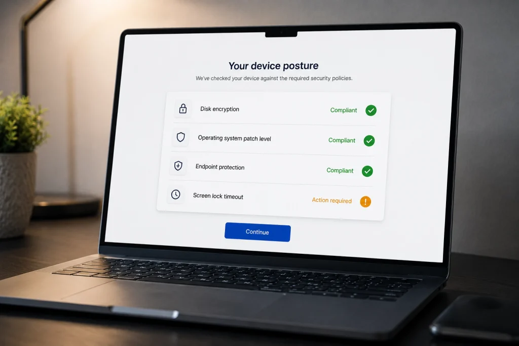 A laptop screen showing a device posture check with disk encryption, patch level, and endpoint protection results before a connection is allowed.