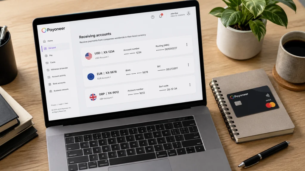 A multi-currency receiving-account dashboard showing USD, EUR, and GBP accounts with masked numbers next to a payment card.