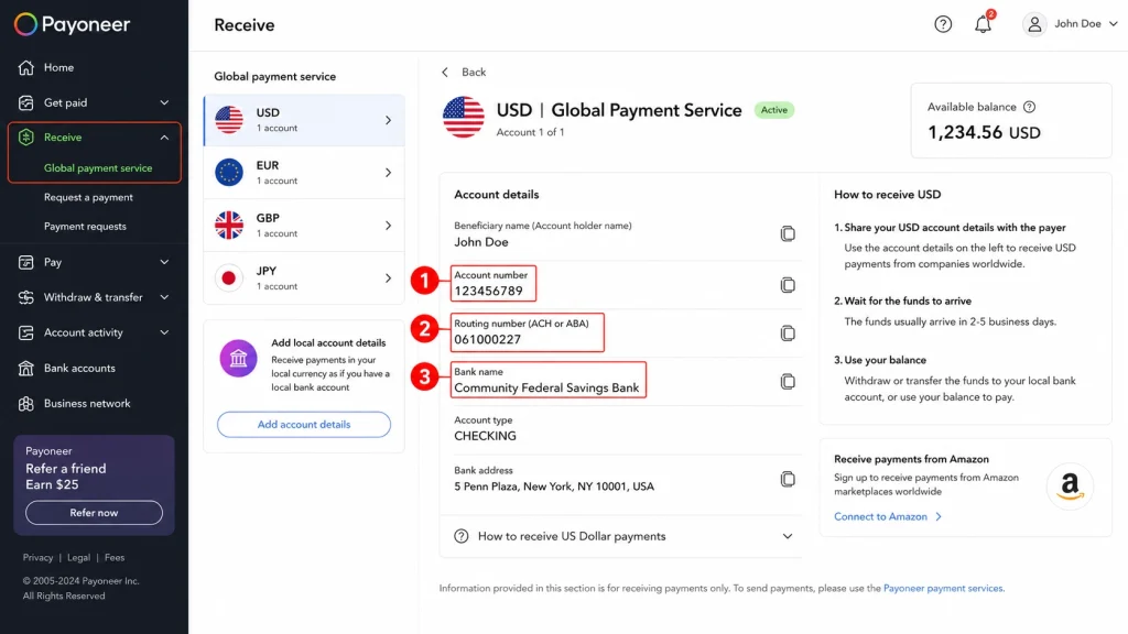 Annotated Payoneer Receive tab screenshot showing where to find USD Global Payment Service account and routing numbers.