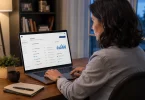 A remote worker at a home desk using a secure remote access dashboard showing connected applications and login activity.