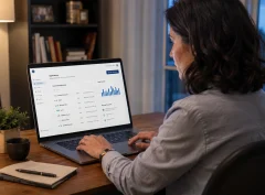 A remote worker at a home desk using a secure remote access dashboard showing connected applications and login activity.