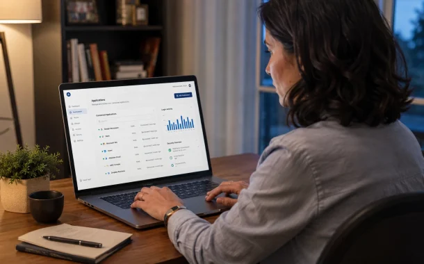 A remote worker at a home desk using a secure remote access dashboard showing connected applications and login activity.