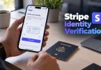 Phone showing an identity document capture screen beside a plain ID card, with the heading Stripe Identity Verification overlaid