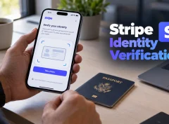 Phone showing an identity document capture screen beside a plain ID card, with the heading Stripe Identity Verification overlaid