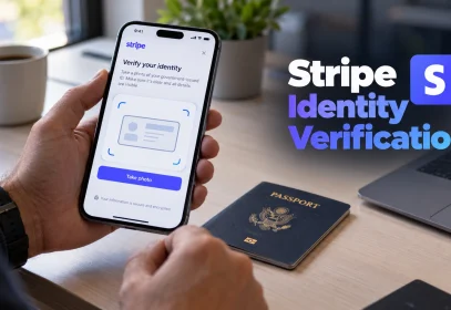Phone showing an identity document capture screen beside a plain ID card, with the heading Stripe Identity Verification overlaid