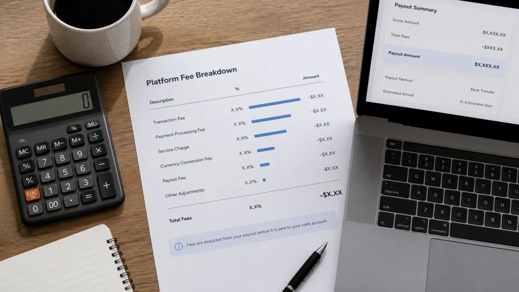 A desk flat-lay with a calculator and a fee breakdown sheet illustrating 2026 Stripe and Payoneer transfer costs.