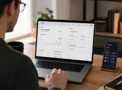 A freelancer at a desk reviewing a payout dashboard on a laptop while a phone shows a multi-currency wallet, illustrating how to transfer Stripe to Payoneer.