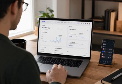 A freelancer at a desk reviewing a payout dashboard on a laptop while a phone shows a multi-currency wallet, illustrating how to transfer Stripe to Payoneer.