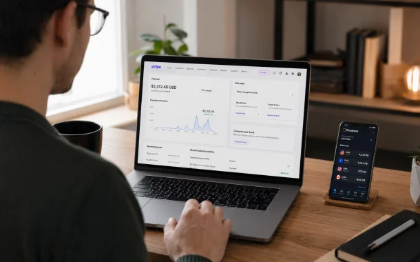 A freelancer at a desk reviewing a payout dashboard on a laptop while a phone shows a multi-currency wallet, illustrating how to transfer Stripe to Payoneer.