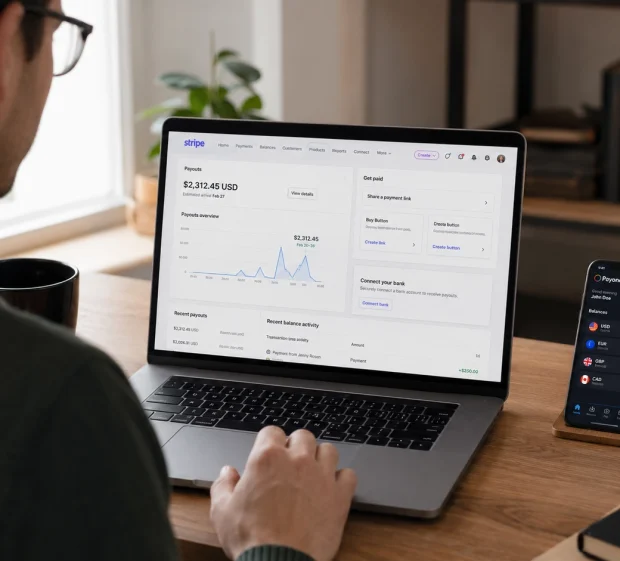 A freelancer at a desk reviewing a payout dashboard on a laptop while a phone shows a multi-currency wallet, illustrating how to transfer Stripe to Payoneer.