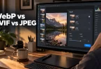 Designer's monitor showing an image export panel with three format options, with the heading WebP vs AVIF vs JPEG overlaid