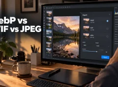 Designer's monitor showing an image export panel with three format options, with the heading WebP vs AVIF vs JPEG overlaid
