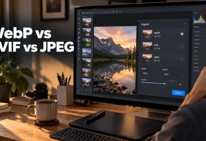 Designer's monitor showing an image export panel with three format options, with the heading WebP vs AVIF vs JPEG overlaid